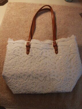 Cream Floral Lace Tote Bag with Tan Shoulder Handles